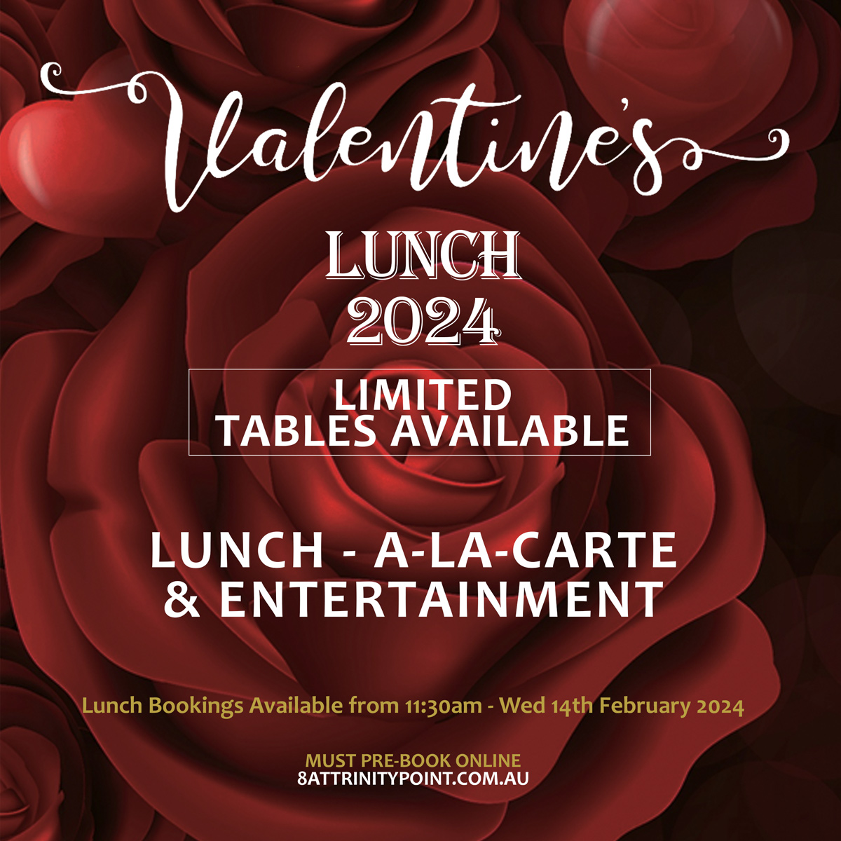 Celebrate Valentine's Lunch 2024 at 8 at Trinity 8 at Trinity Restaurant